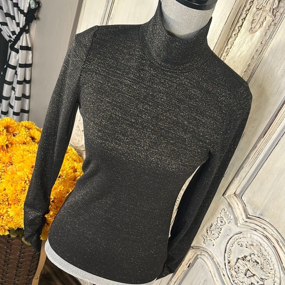 Evereve Elegant Black Turtleneck Long Sleeves Top with Metallic Threads - Picture 1 of 10